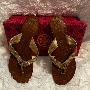 Tory Burch Gold and Brown Flip Flops